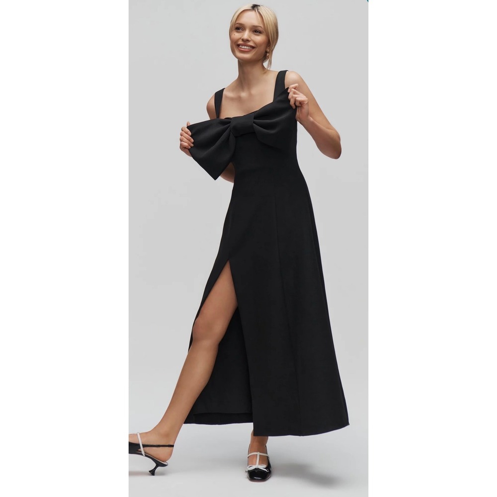 Anthropologie The Wolf Gang Cinta Bow Midi Dress Black Slit Elegant Cocktail L